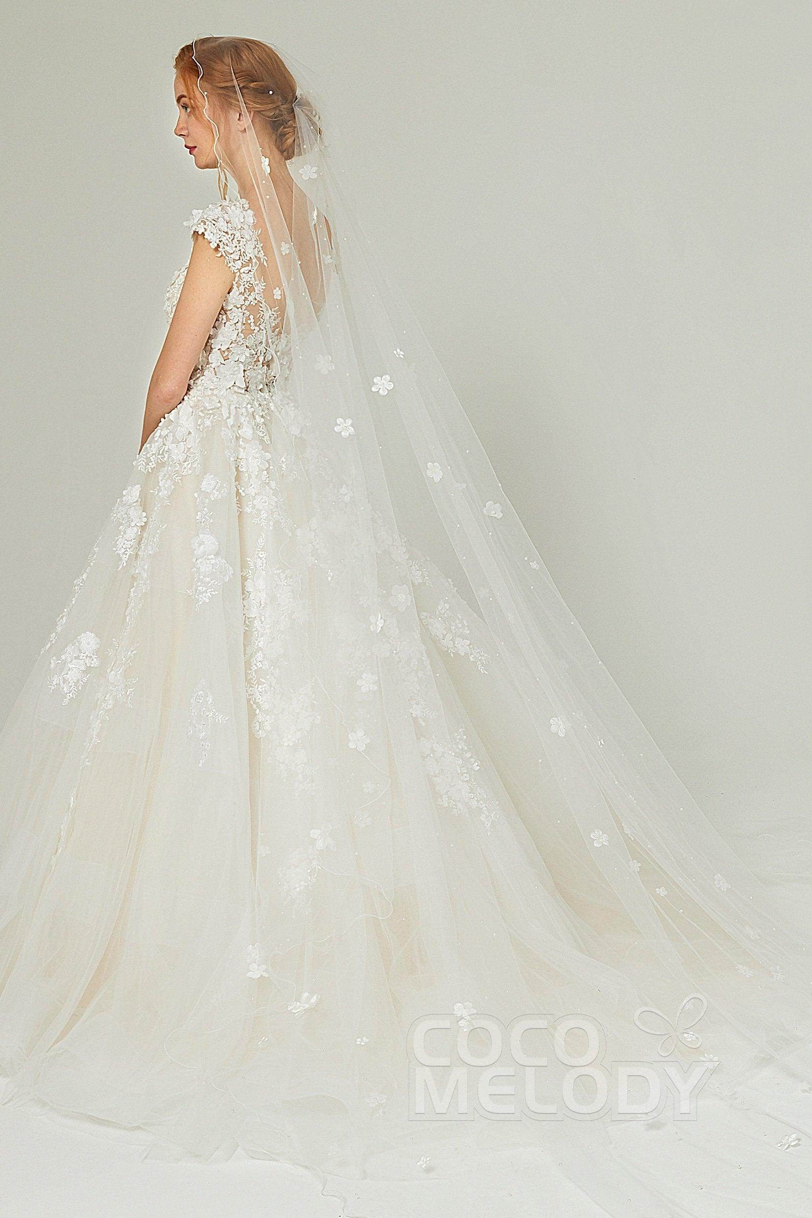 One-tier Cut Edge Tulle Chapel Veils Flower Pearls AV18018 - COCOMELODY